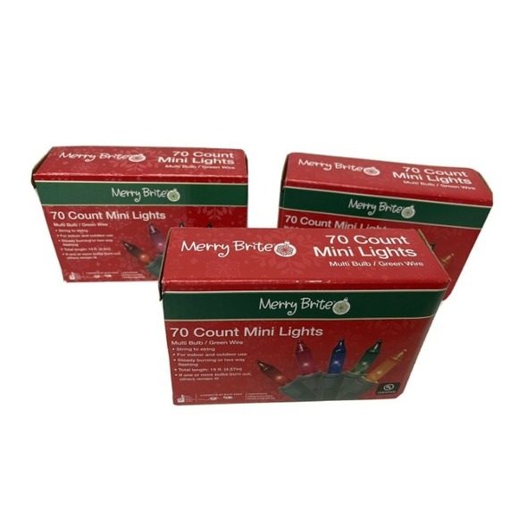 Other - Lot Of 3 MERRY BRITE 70 Count Mini Christmas Lights Color Bulb Green wire